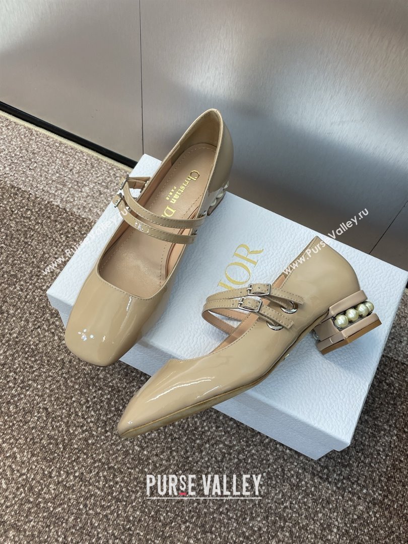 Dior D-Lane Mary Janes Pumps 3.5cm in Patent Leather with Pearls Beige 2025 (JC-250710026)