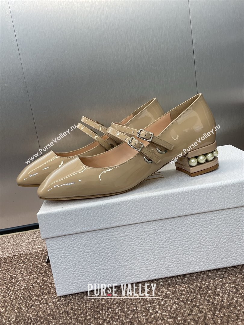Dior D-Lane Mary Janes Pumps 3.5cm in Patent Leather with Pearls Beige 2025 (JC-250710026)