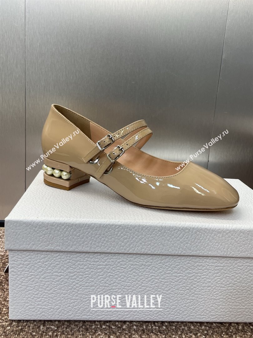 Dior D-Lane Mary Janes Pumps 3.5cm in Patent Leather with Pearls Beige 2025 (JC-250710026)
