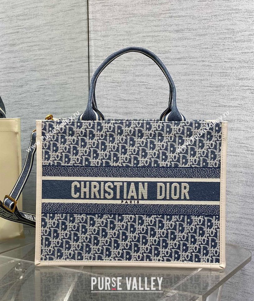 Dior Medium Dior Book Tote Bag in Dior Oblique Chambray-Effect Embroidery Blue/White 2025 (XXG-250806044)