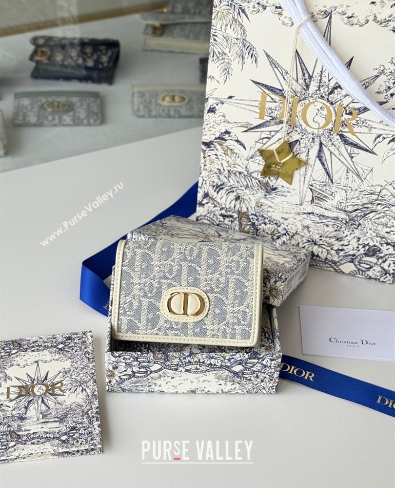 Dior 30 Montaigne Glycine Card Holder in Blue Oblique Chambray-Effect Embroidery 2025 S2300UWHC (XXG-250806088)