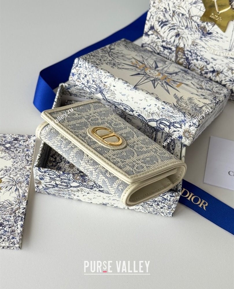 Dior 30 Montaigne Glycine Card Holder in Blue Oblique Chambray-Effect Embroidery 2025 S2300UWHC (XXG-250806088)