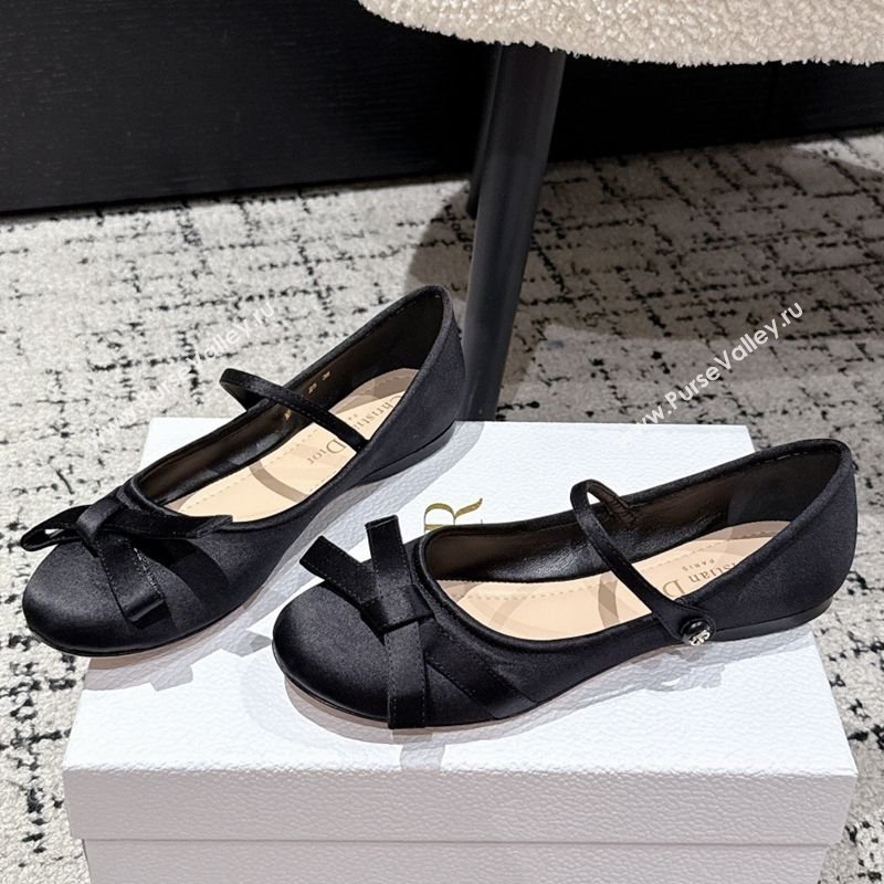 Dior Lovely-D Mary Janes Ballet Flats in Satin with Bow Black 2025 (MD-250822005)