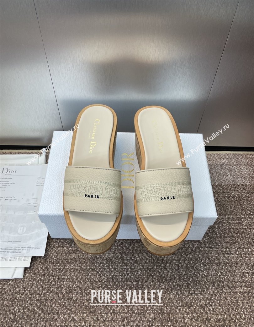 Dior Dway Platform Wedge Slides Sandal 10cm in Grained Calfskin Cream 2025 0822 (JC-250822043)