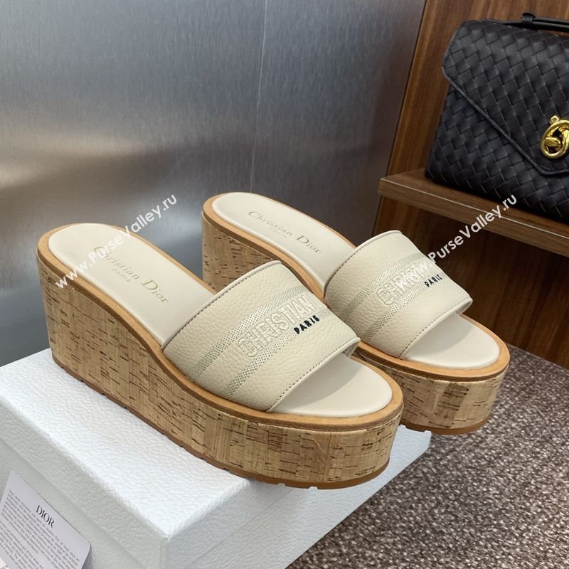 Dior Dway Platform Wedge Slides Sandal 10cm in Grained Calfskin Cream 2025 0822 (JC-250822043)