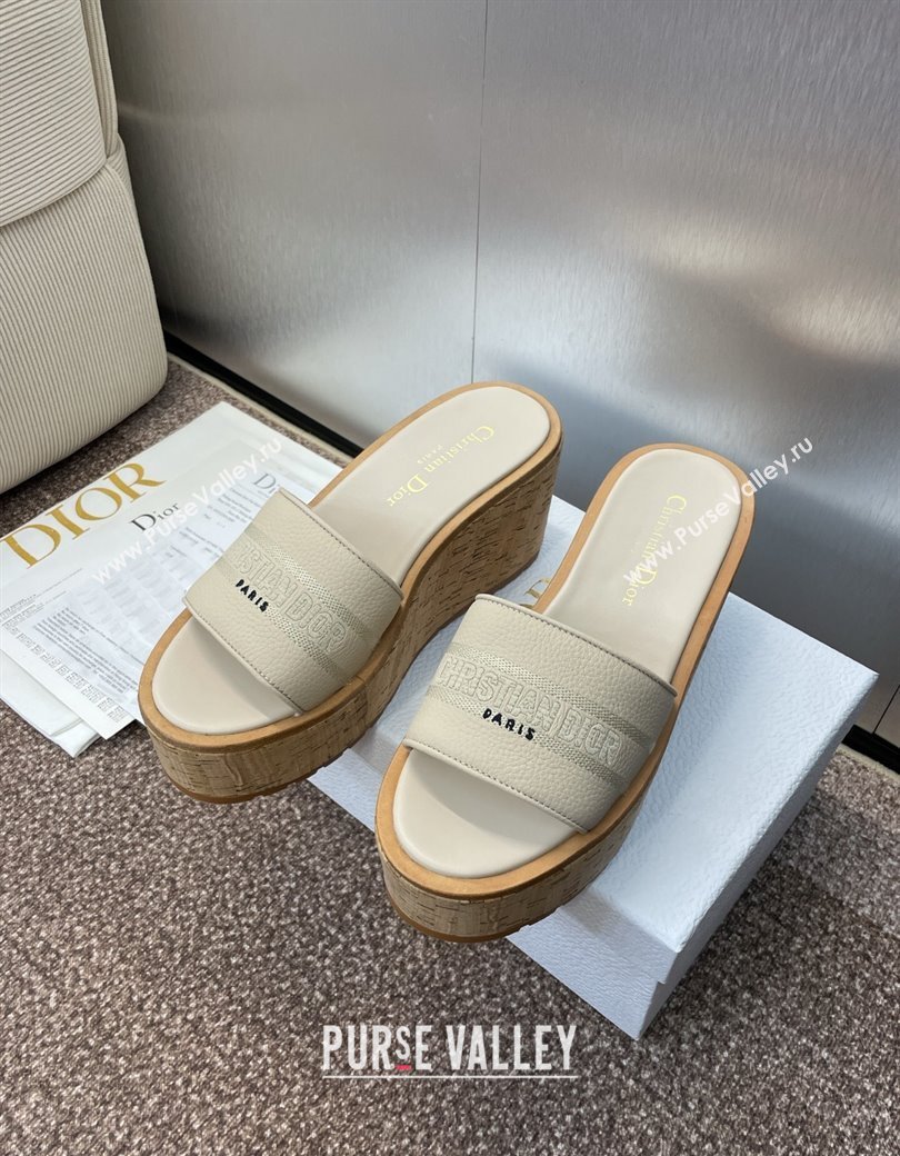 Dior Dway Platform Wedge Slides Sandal 10cm in Grained Calfskin Cream 2025 0822 (JC-250822043)
