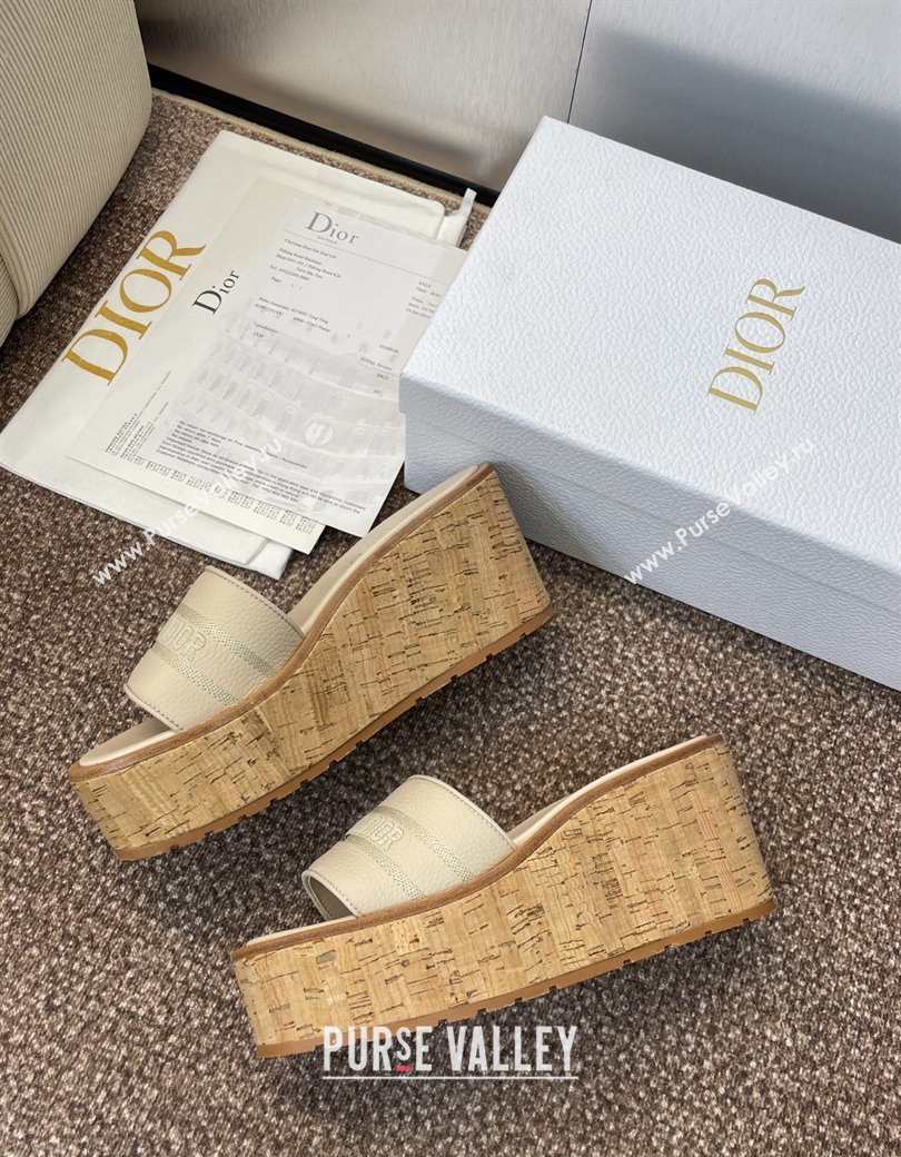 Dior Dway Platform Wedge Slides Sandal 10cm in Grained Calfskin Cream 2025 0822 (JC-250822043)