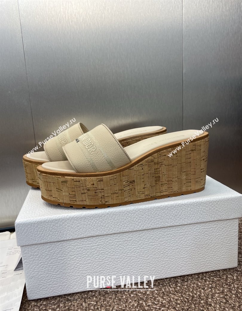 Dior Dway Platform Wedge Slides Sandal 10cm in Grained Calfskin Cream 2025 0822 (JC-250822043)