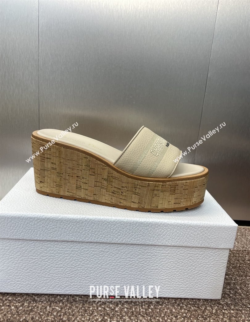 Dior Dway Platform Wedge Slides Sandal 10cm in Grained Calfskin Cream 2025 0822 (JC-250822043)