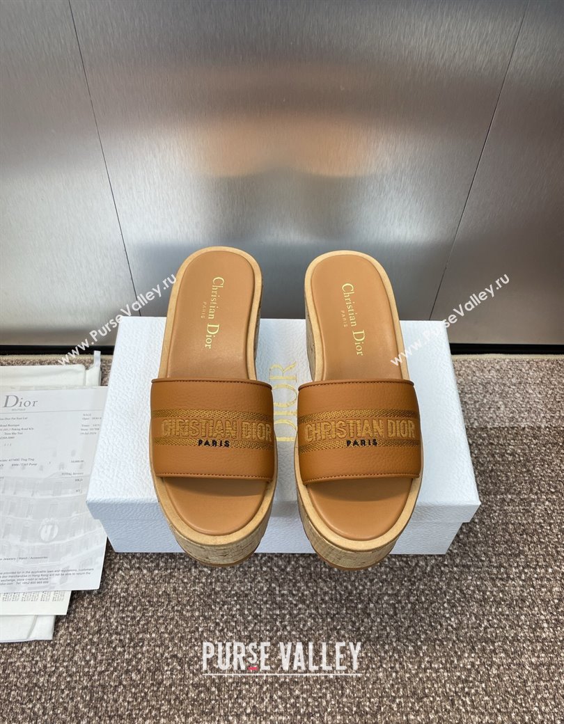 Dior Dway Platform Wedge Slides Sandal 10cm in Grained Calfskin Brown 2025 0822 (JC-250822044)