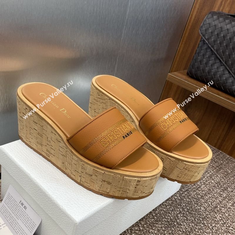 Dior Dway Platform Wedge Slides Sandal 10cm in Grained Calfskin Brown 2025 0822 (JC-250822044)
