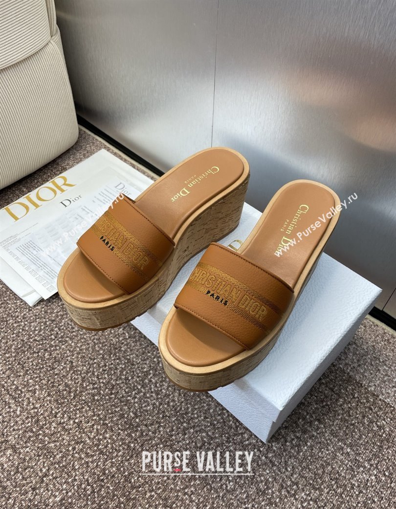 Dior Dway Platform Wedge Slides Sandal 10cm in Grained Calfskin Brown 2025 0822 (JC-250822044)