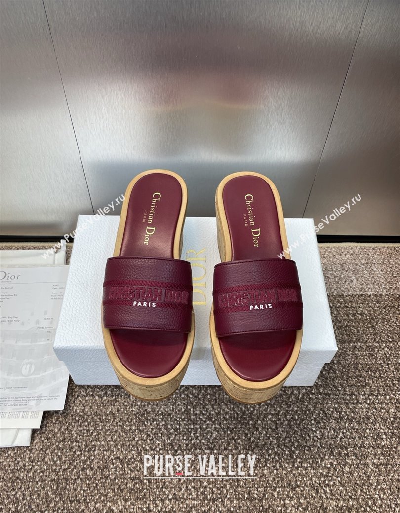 Dior Dway Platform Wedge Slides Sandal 10cm in Grained Calfskin Burgundy 2025 0822 (JC-250822045)