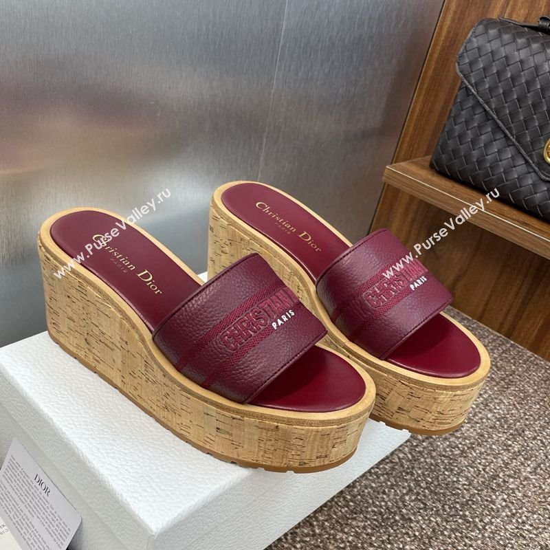 Dior Dway Platform Wedge Slides Sandal 10cm in Grained Calfskin Burgundy 2025 0822 (JC-250822045)