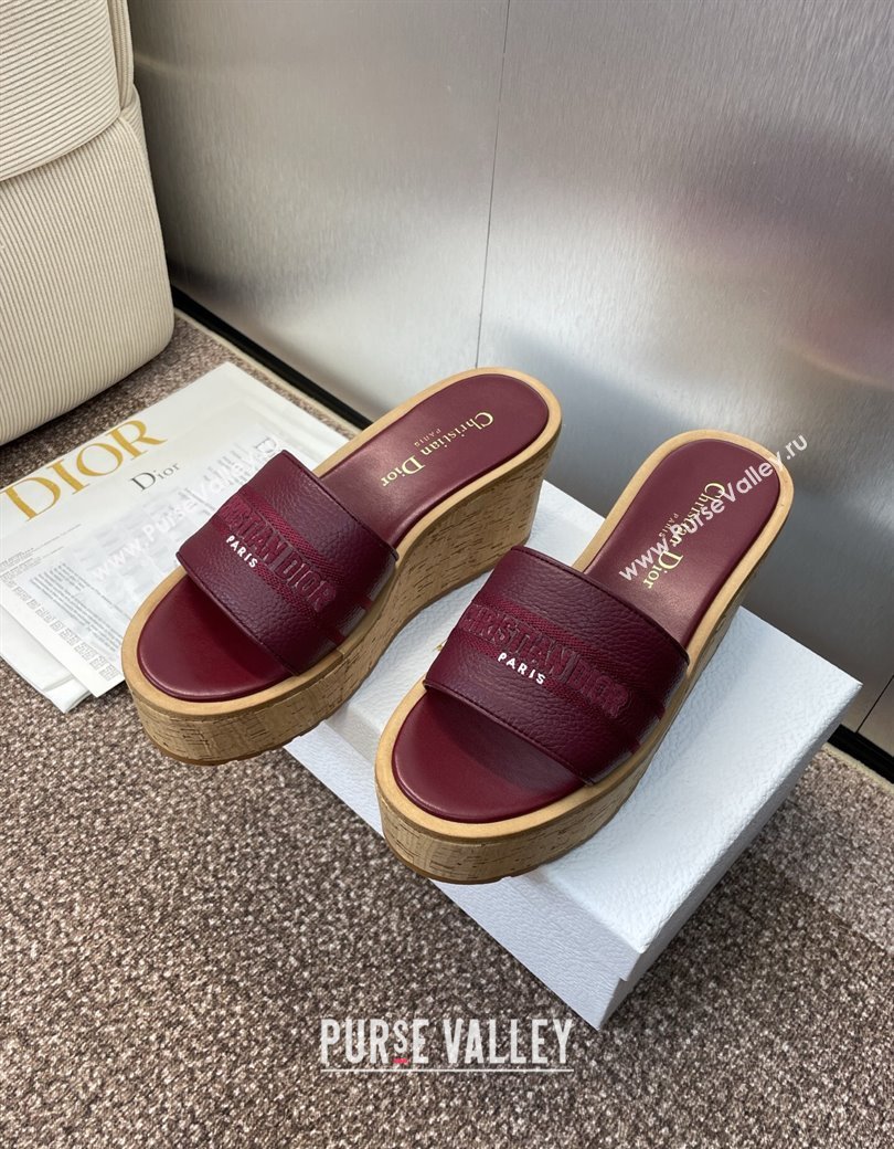Dior Dway Platform Wedge Slides Sandal 10cm in Grained Calfskin Burgundy 2025 0822 (JC-250822045)