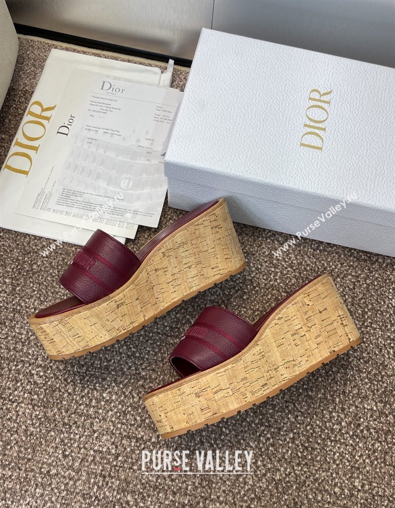 Dior Dway Platform Wedge Slides Sandal 10cm in Grained Calfskin Burgundy 2025 0822 (JC-250822045)