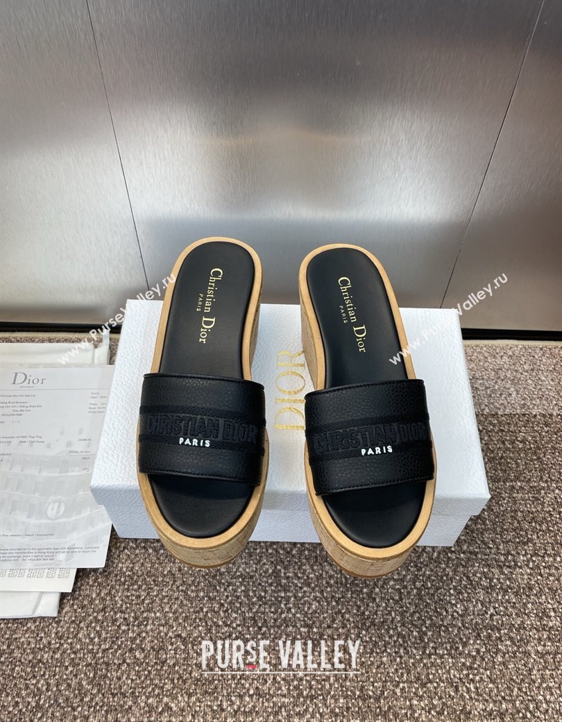Dior Dway Platform Wedge Slides Sandal 10cm in Grained Calfskin Black 2025 0822 (JC-250822048)