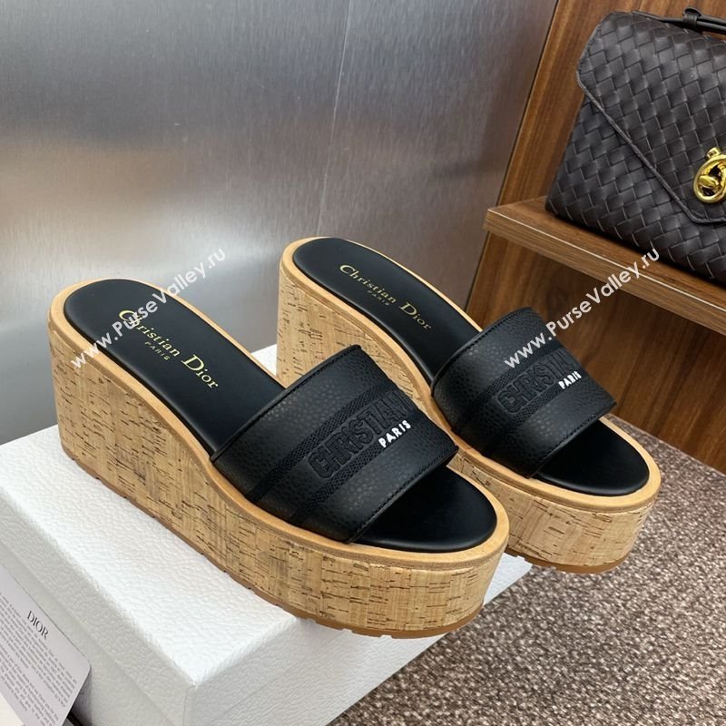Dior Dway Platform Wedge Slides Sandal 10cm in Grained Calfskin Black 2025 0822 (JC-250822048)