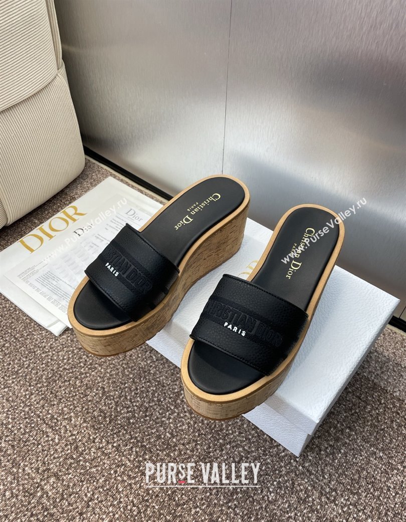 Dior Dway Platform Wedge Slides Sandal 10cm in Grained Calfskin Black 2025 0822 (JC-250822048)