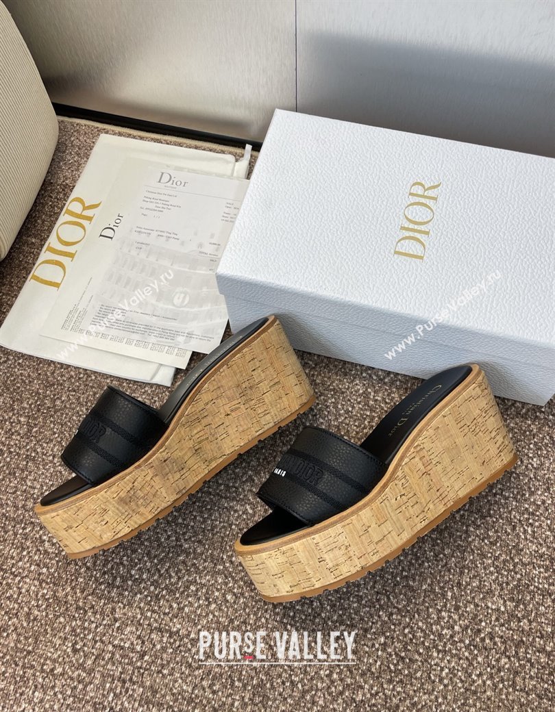 Dior Dway Platform Wedge Slides Sandal 10cm in Grained Calfskin Black 2025 0822 (JC-250822048)