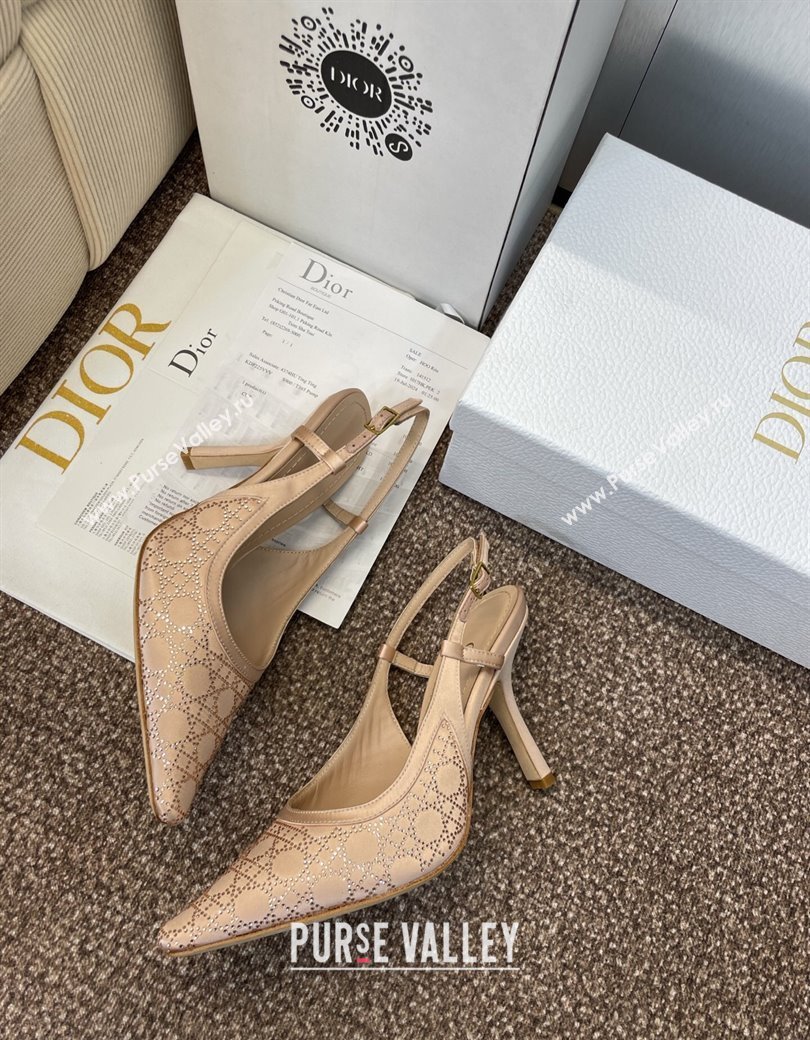 Dior Capture Slingback Pumps 9.5cm in Satin with Strass Cannage Motif Nude 2025 (MD-250822078)