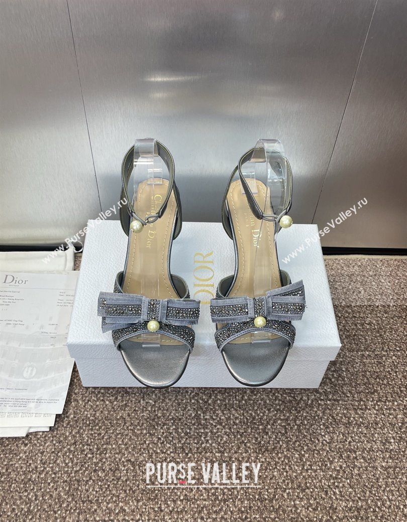 Dior Or Adiorable Heeled Sandals 7cm in Embroidered Cotton and Lambskin with Strass, Pearls and Bow Grey 2025 (JC-250822027)
