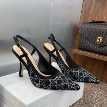Dior Capture Slingback Pumps 9.5cm in Satin with Strass Cannage Motif Black 2025 (MD-250822079)