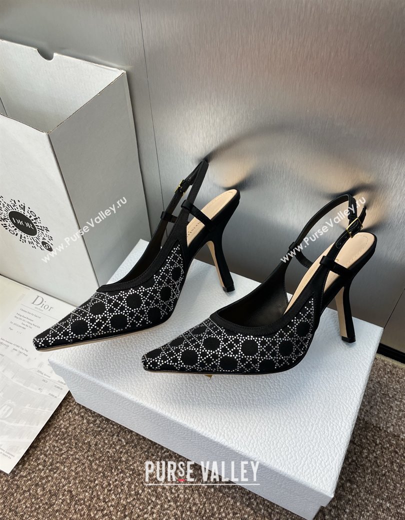 Dior Capture Slingback Pumps 9.5cm in Satin with Strass Cannage Motif Black 2025 (MD-250822079)