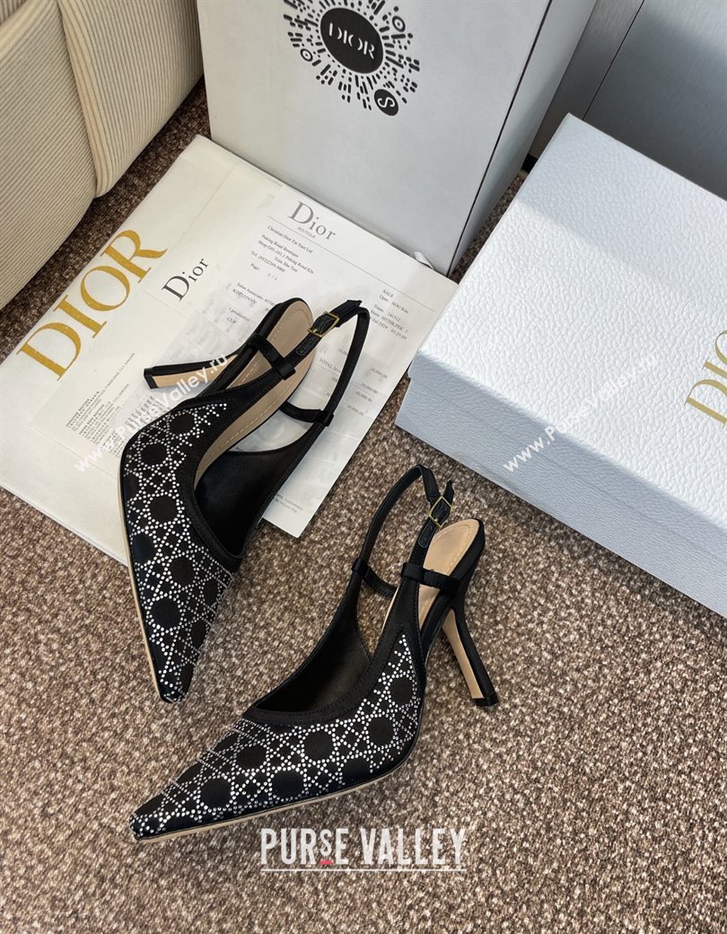 Dior Capture Slingback Pumps 9.5cm in Satin with Strass Cannage Motif Black 2025 (MD-250822079)