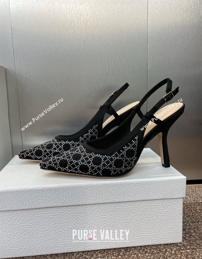 Dior Capture Slingback Pumps 9.5cm in Satin with Strass Cannage Motif Black 2025 (MD-250822079)