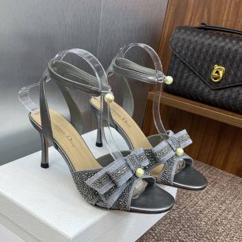 Dior Or Adiorable Heeled Sandals 7cm in Embroidered Cotton and Lambskin with Strass, Pearls and Bow Grey 2025 (JC-250822027)