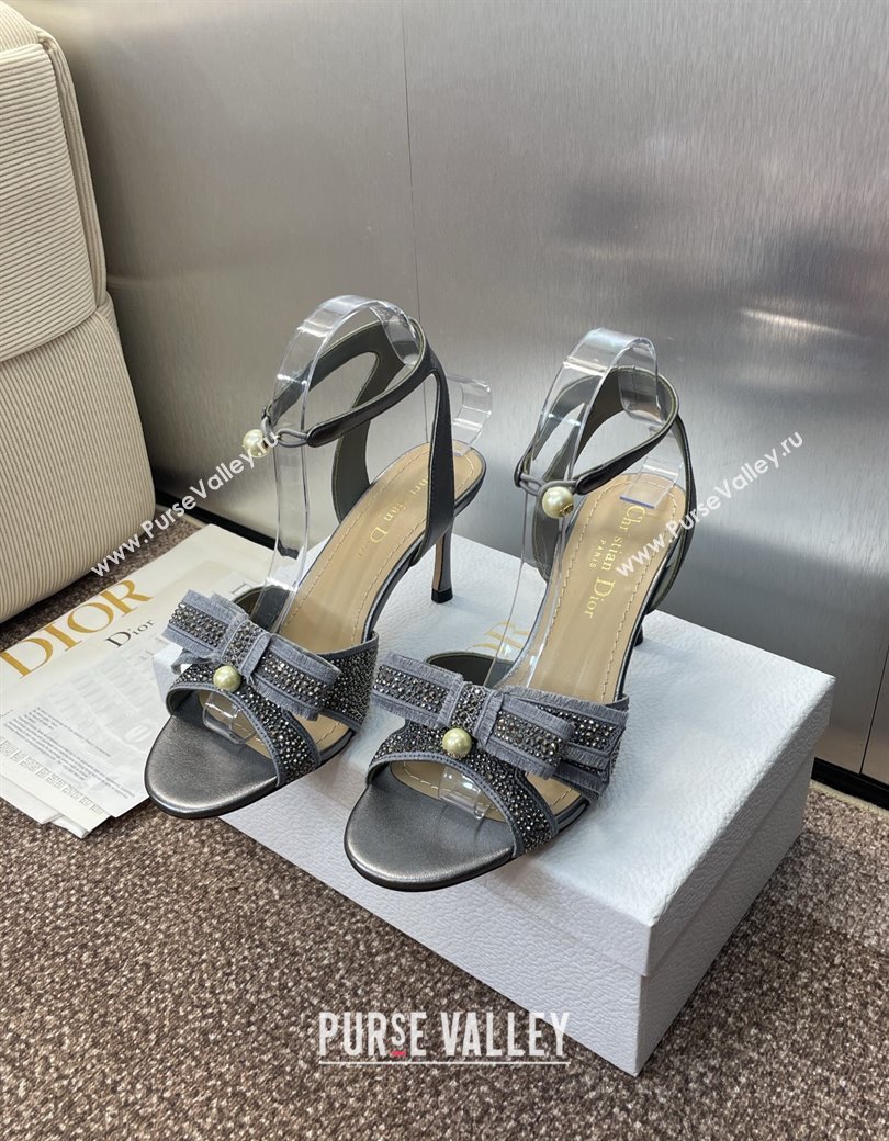 Dior Or Adiorable Heeled Sandals 7cm in Embroidered Cotton and Lambskin with Strass, Pearls and Bow Grey 2025 (JC-250822027)
