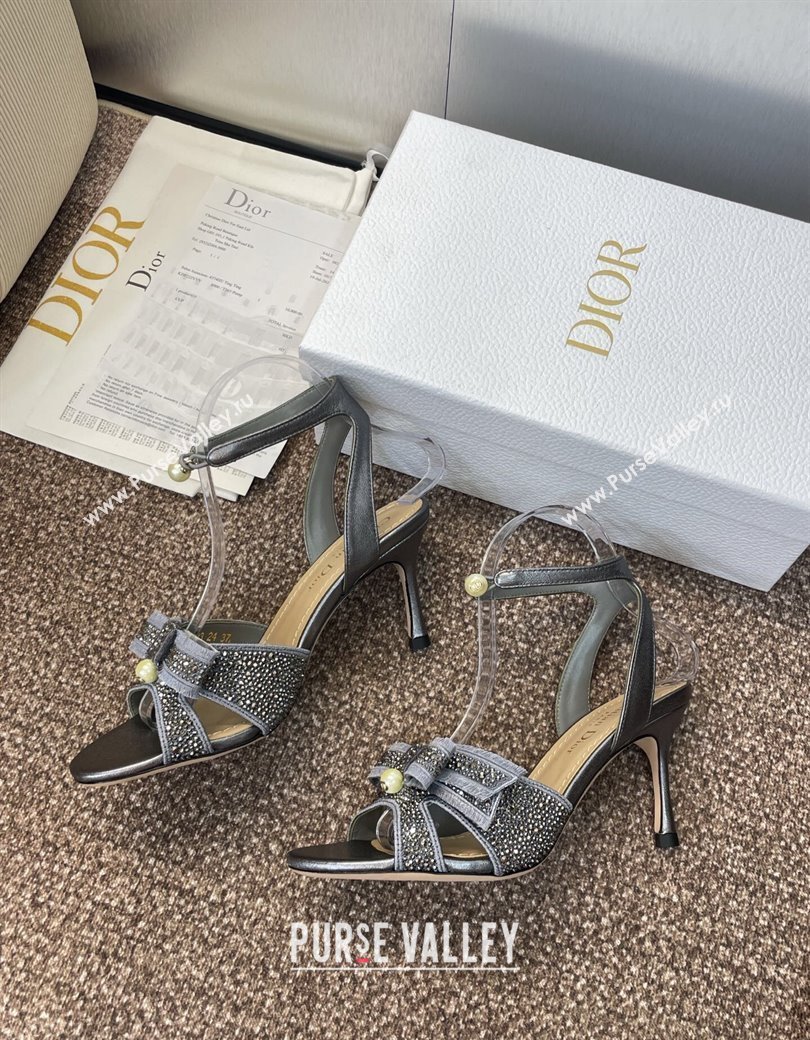 Dior Or Adiorable Heeled Sandals 7cm in Embroidered Cotton and Lambskin with Strass, Pearls and Bow Grey 2025 (JC-250822027)