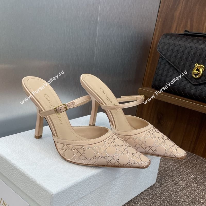 Dior Capture Strap Mules 9.5cm in Satin with Strass Cannage Motif Nude 2025 (MD-250822082)