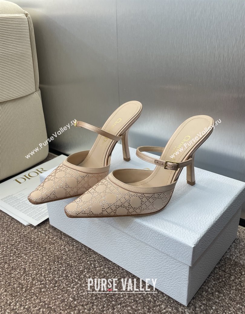 Dior Capture Strap Mules 9.5cm in Satin with Strass Cannage Motif Nude 2025 (MD-250822082)