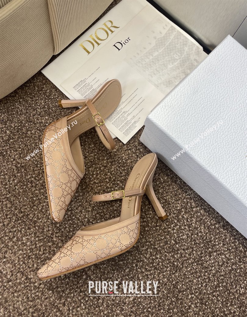 Dior Capture Strap Mules 9.5cm in Satin with Strass Cannage Motif Nude 2025 (MD-250822082)