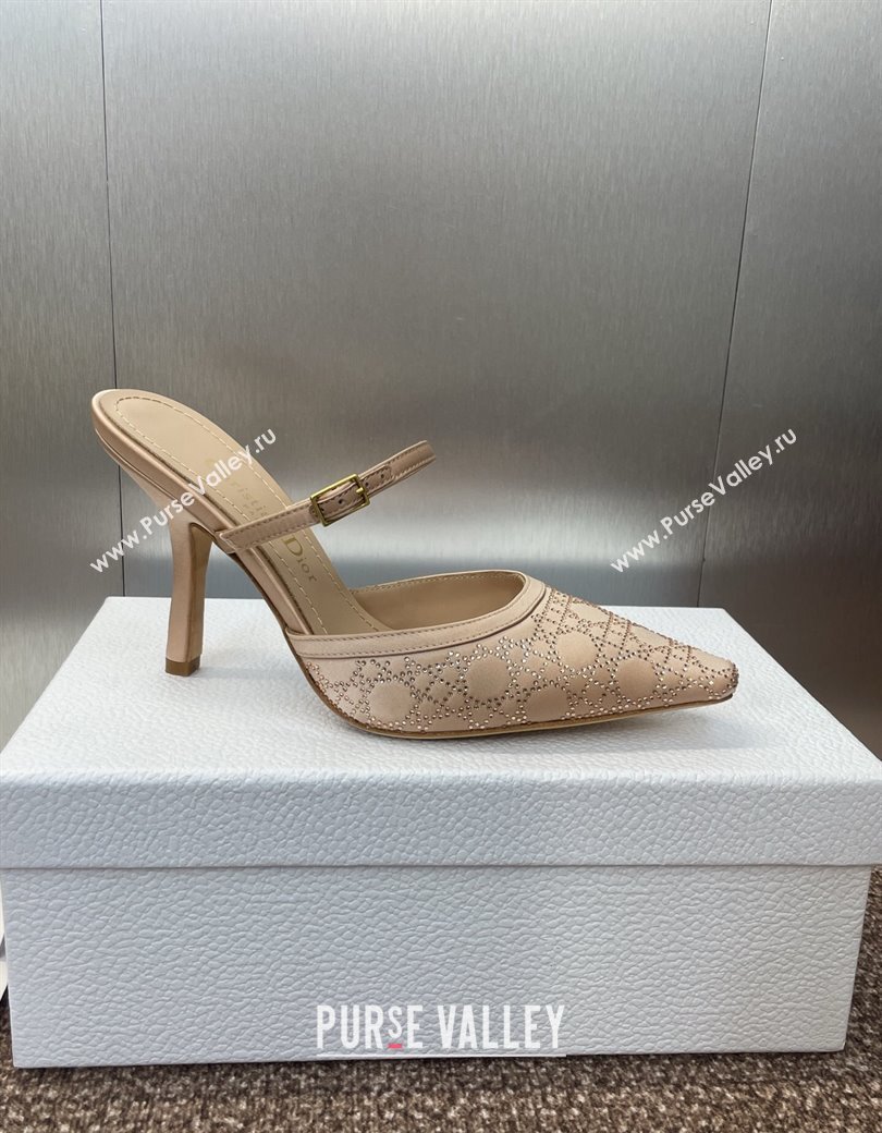 Dior Capture Strap Mules 9.5cm in Satin with Strass Cannage Motif Nude 2025 (MD-250822082)