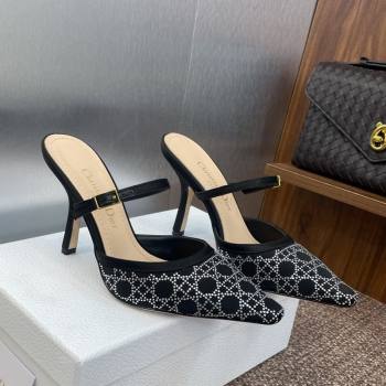 Dior Capture Strap Mules 9.5cm in Satin with Strass Cannage Motif Black 2025 (MD-250822083)