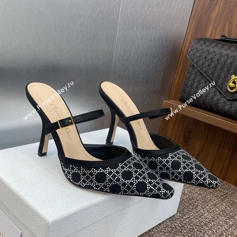 Dior Capture Strap Mules 9.5cm in Satin with Strass Cannage Motif Black 2025 (MD-250822083)
