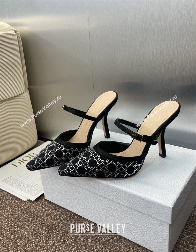 Dior Capture Strap Mules 9.5cm in Satin with Strass Cannage Motif Black 2025 (MD-250822083)