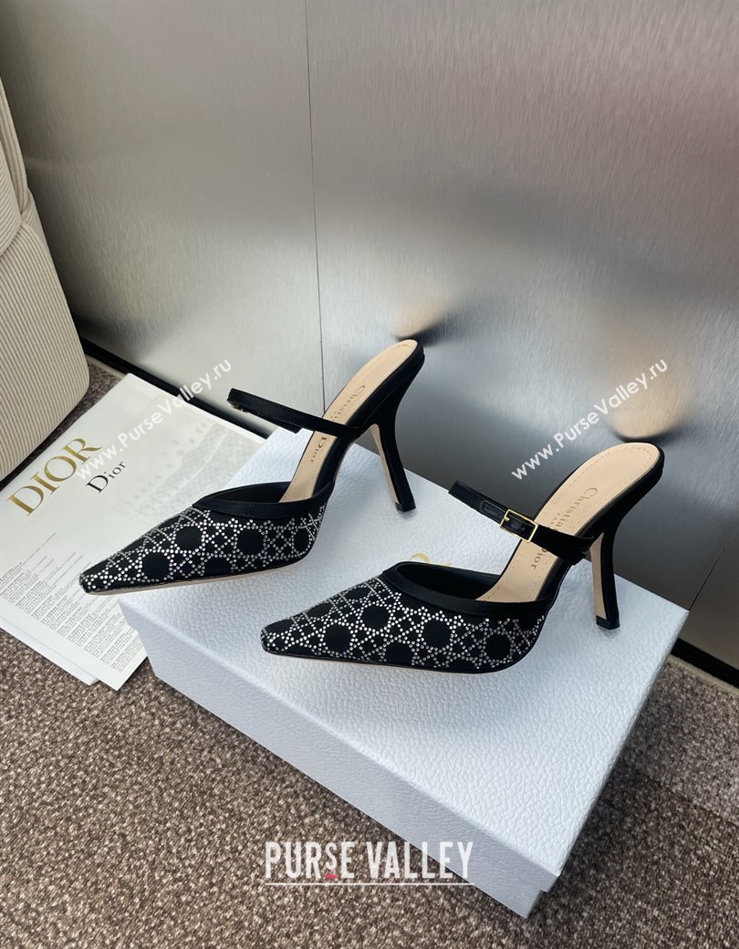 Dior Capture Strap Mules 9.5cm in Satin with Strass Cannage Motif Black 2025 (MD-250822083)