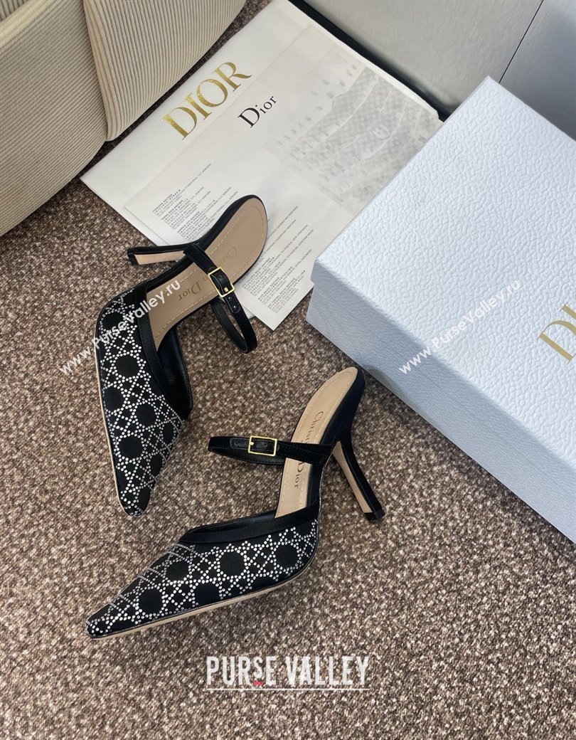 Dior Capture Strap Mules 9.5cm in Satin with Strass Cannage Motif Black 2025 (MD-250822083)