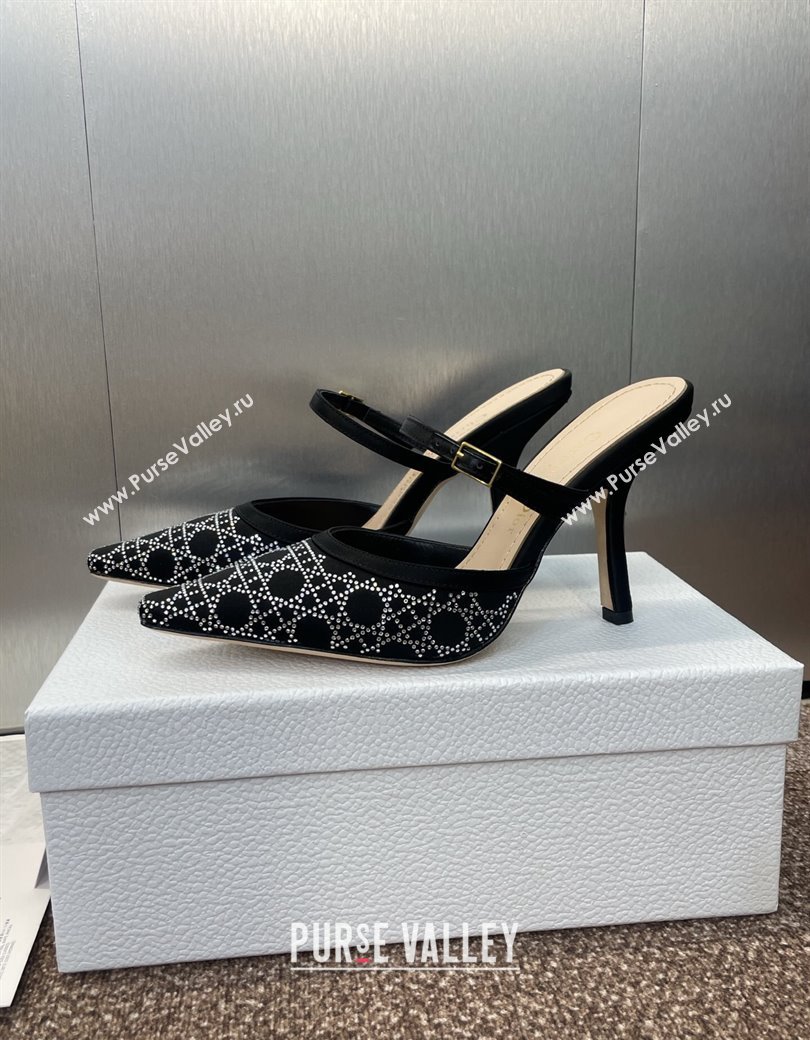 Dior Capture Strap Mules 9.5cm in Satin with Strass Cannage Motif Black 2025 (MD-250822083)