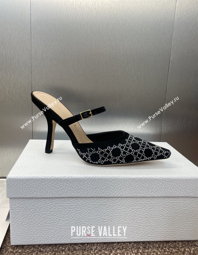 Dior Capture Strap Mules 9.5cm in Satin with Strass Cannage Motif Black 2025 (MD-250822083)