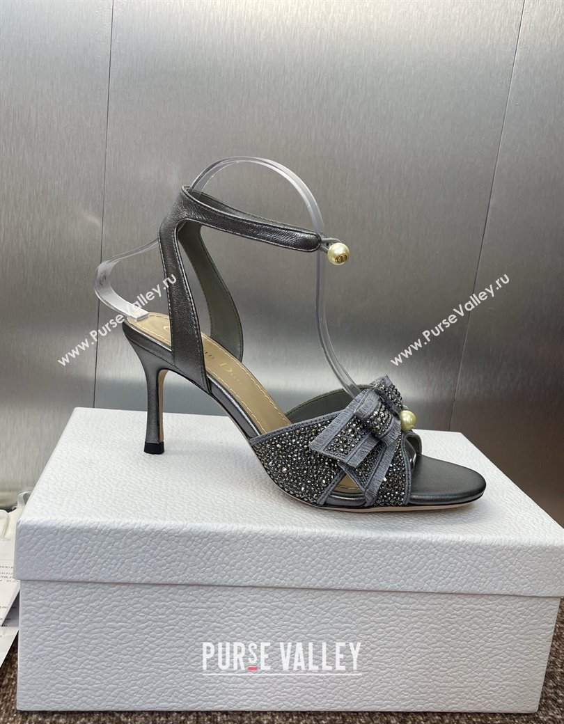 Dior Or Adiorable Heeled Sandals 7cm in Embroidered Cotton and Lambskin with Strass, Pearls and Bow Grey 2025 (JC-250822027)