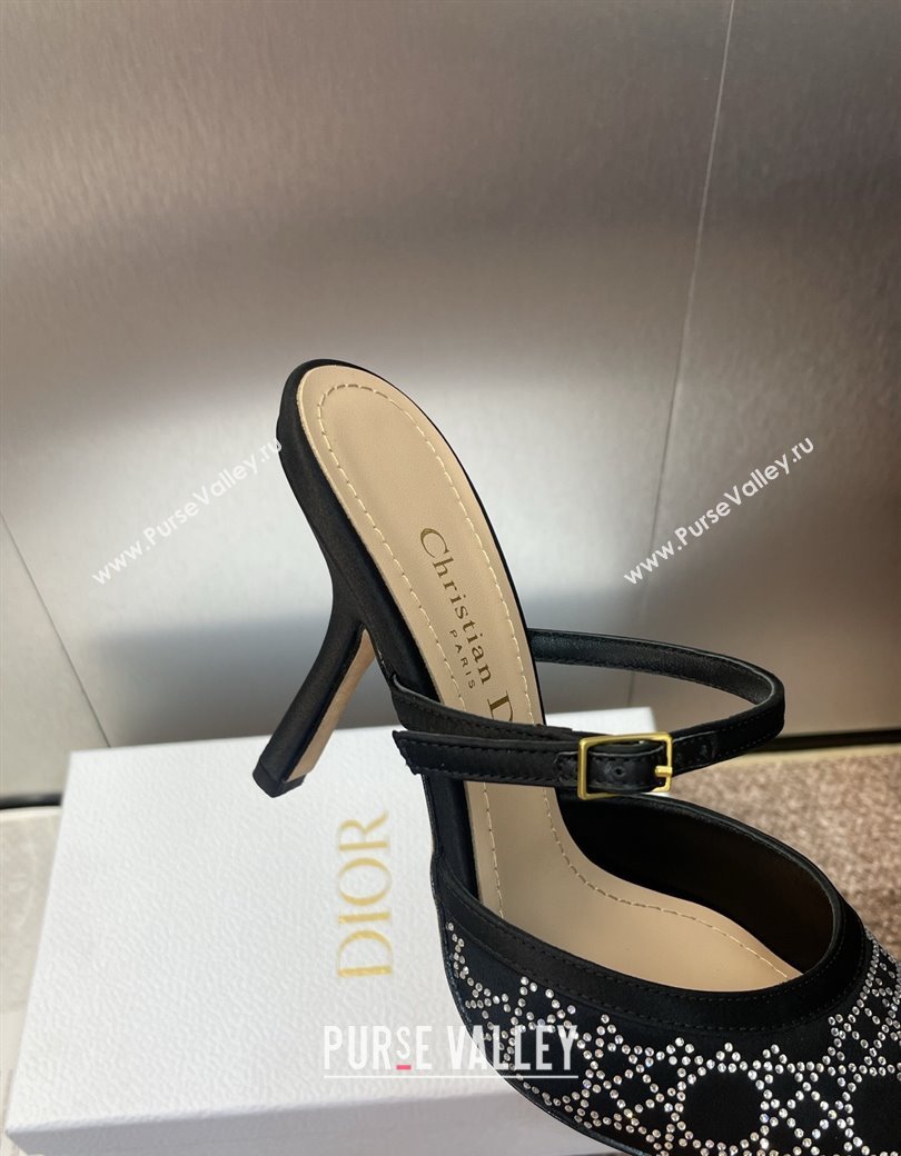 Dior Capture Strap Mules 9.5cm in Satin with Strass Cannage Motif Black 2025 (MD-250822083)