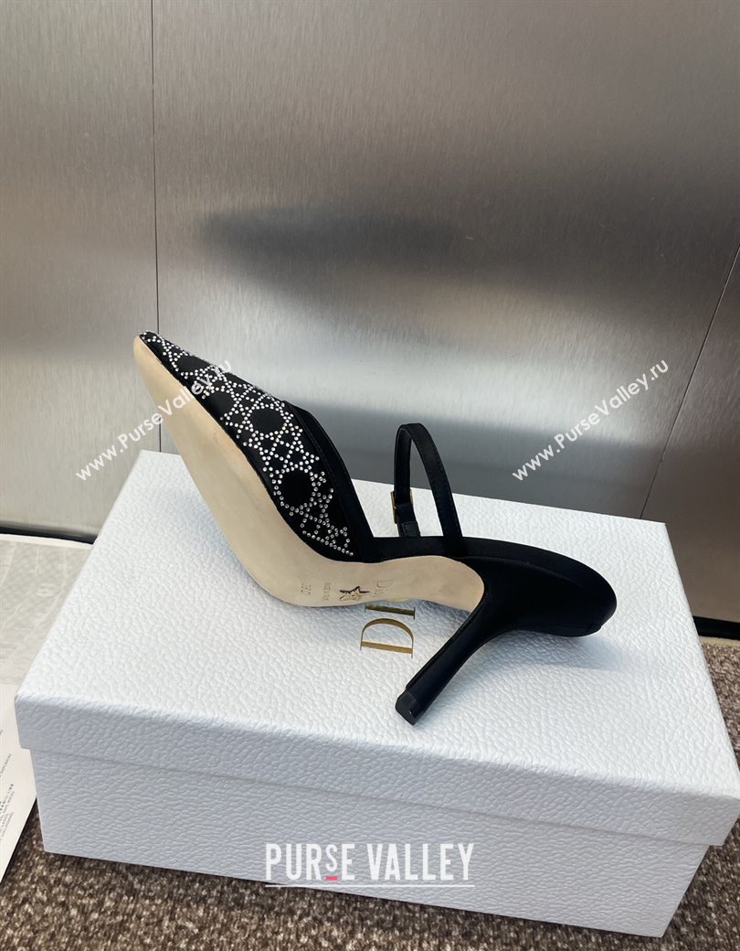Dior Capture Strap Mules 9.5cm in Satin with Strass Cannage Motif Black 2025 (MD-250822083)