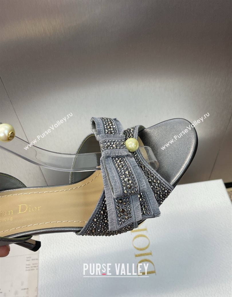 Dior Or Adiorable Heeled Sandals 7cm in Embroidered Cotton and Lambskin with Strass, Pearls and Bow Grey 2025 (JC-250822027)