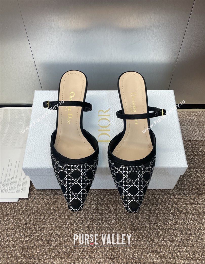 Dior Capture Strap Mules 6.5cm in Satin with Strass Cannage Motif Black 2025 (MD-250822085)