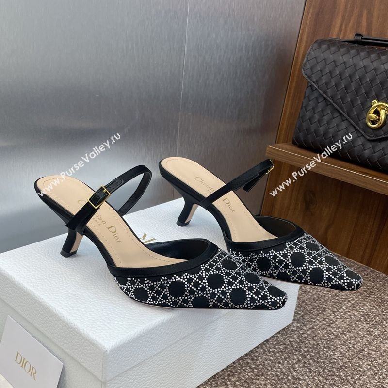 Dior Capture Strap Mules 6.5cm in Satin with Strass Cannage Motif Black 2025 (MD-250822085)